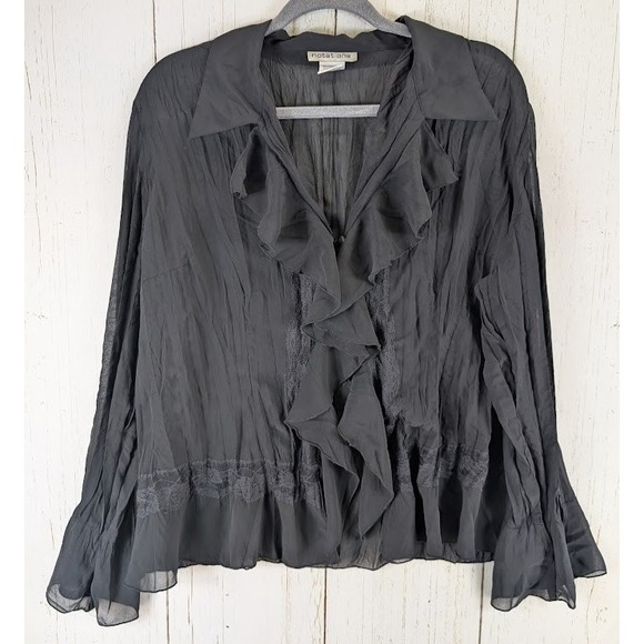 Notations Size Large Black Collared Ruffle Front Long Sleeve Semi Sheer Blouse - Picture 1 of 7